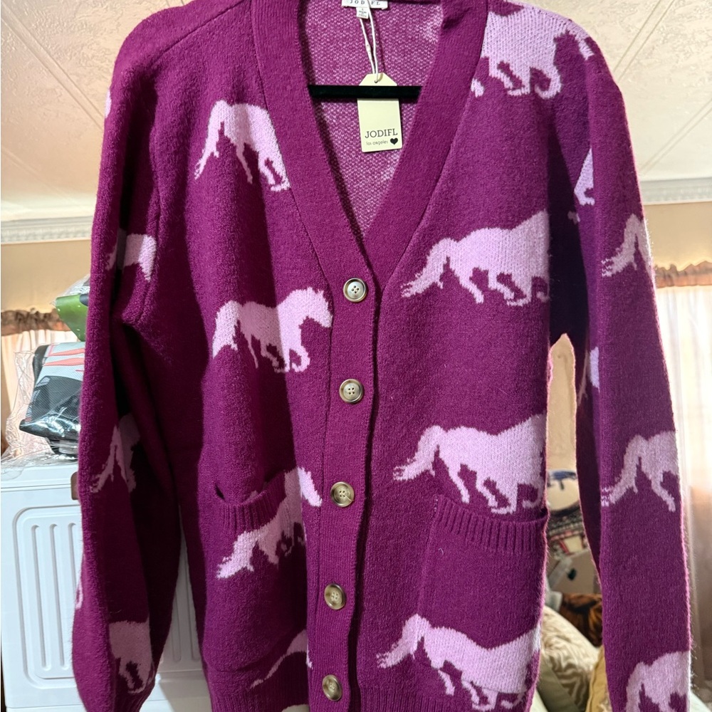 NWT JODIFL Women's Pink purple Horse Pattern button Sweater Cardigan size L 🐎 - Picture 4 of 6